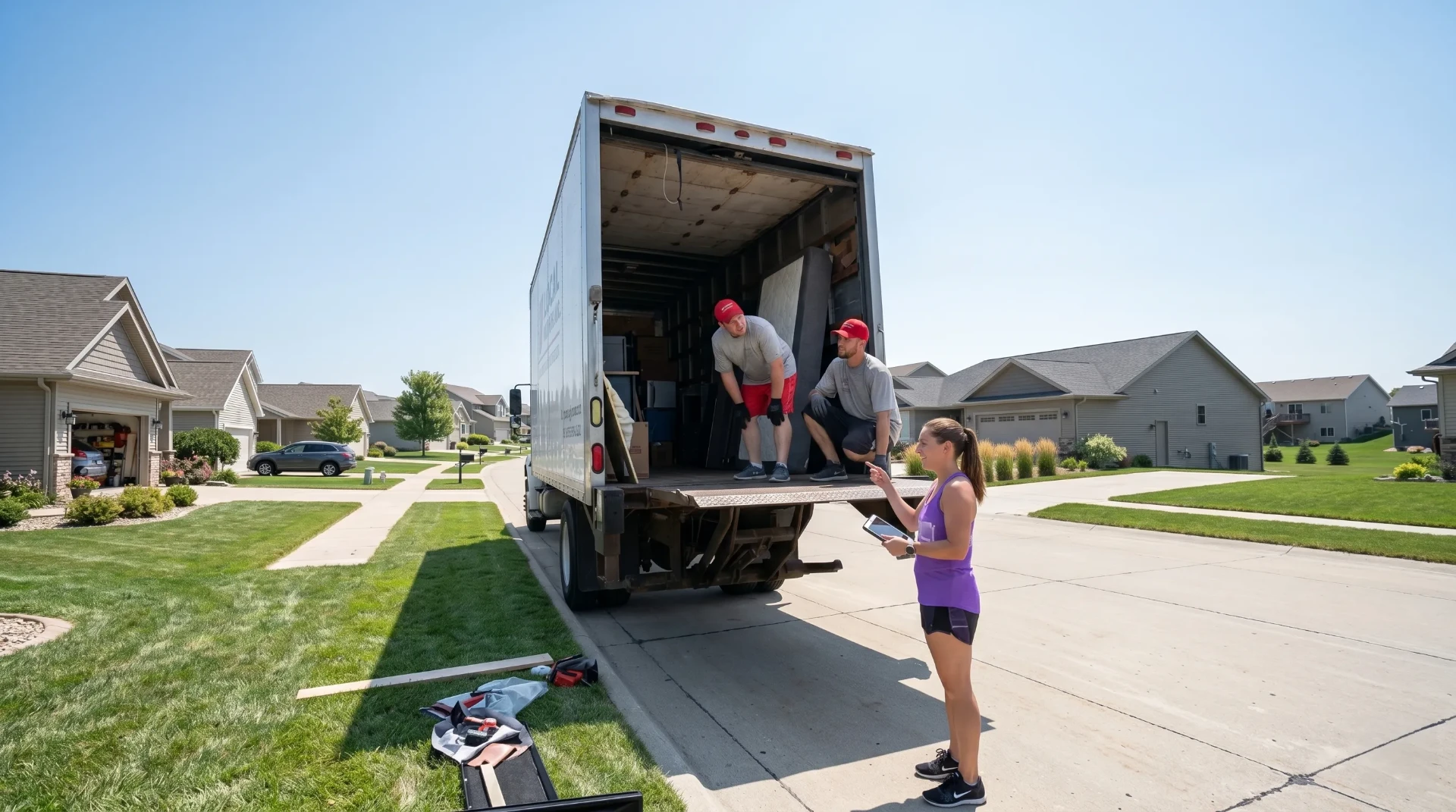 Budget Movers crew unloading a moving truck at a suburban Omaha home